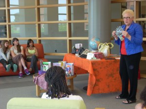 Jeannie Johnson showed items made by people around the world from recycled items.