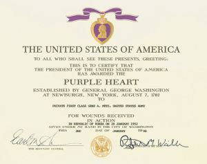 Purple Heart certificate given during the Korean War